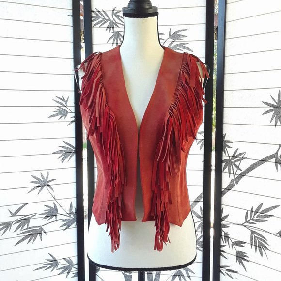 RARE Vintage 1970s Red Sun Faded Suede Fringe Vest Jacket - Picture 9 of 16